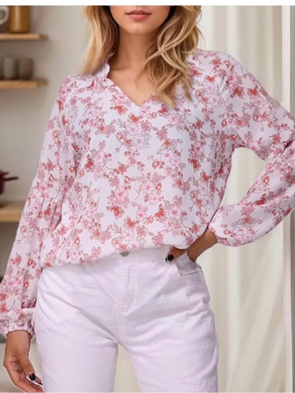 Pink Floral V-Neck Balloon Sleeve Boho Blouse Size S